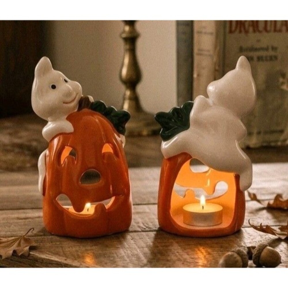 2 Vtg Halloween Ceramic Ghost Pumpkin Tea Light Votive Candle Holder 6.5" x 3"